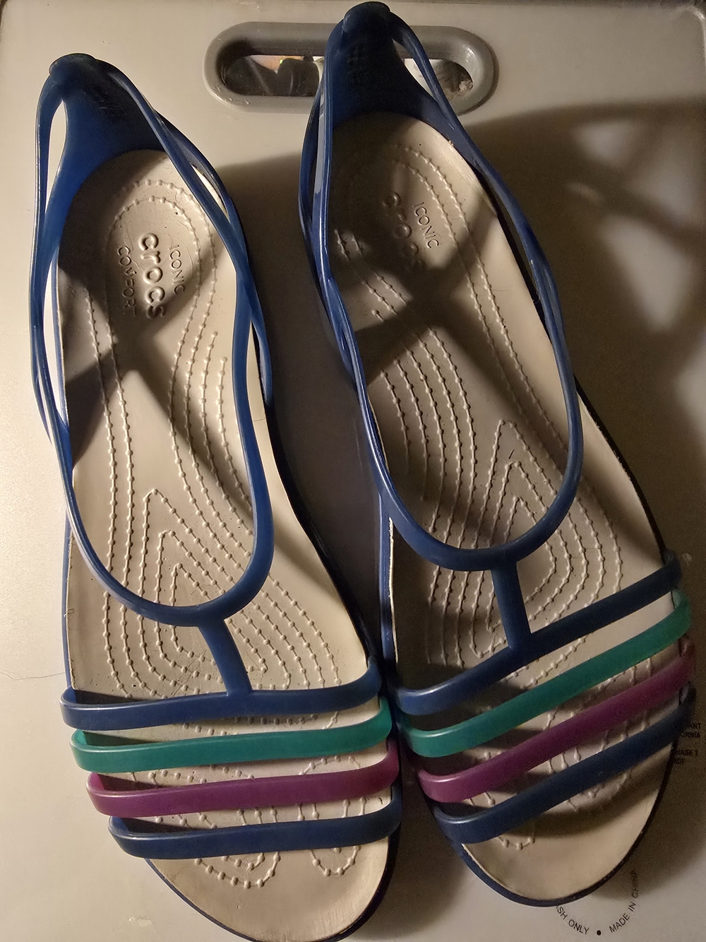 CROCS Navy Slingback Sandals with Purple and Green Straps - Picture 2 of 5
